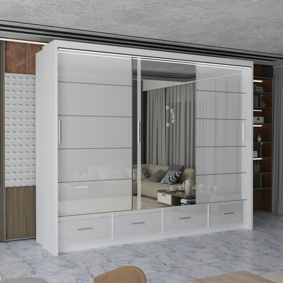 image 1 of Sleek High Gloss Sliding Wardrobe 255cm with Drawers | White/Black/Grey 3-Door Bedroom Storage White | White255cm