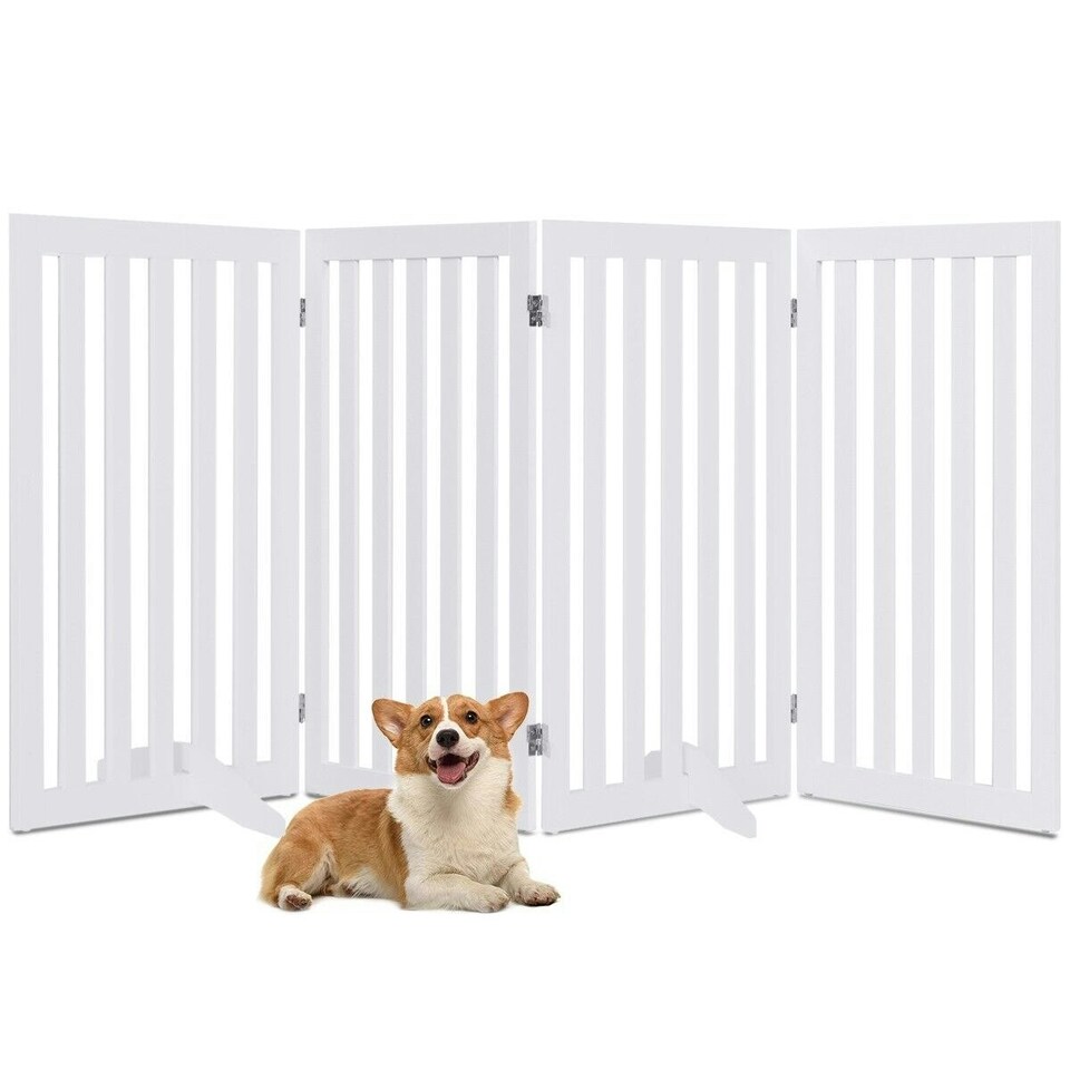 image 1 of COSTWAY 4-Panel 89 cm Pet Barrier Wooden Freestanding White