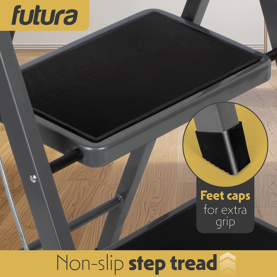 image 1 of Futura 3 Step Ladder Grey, Heavy-Duty Steel Folding Home DIY Step Stool with Wide Non-Slip Steps & Anti Slip Feet 150kg Capacity