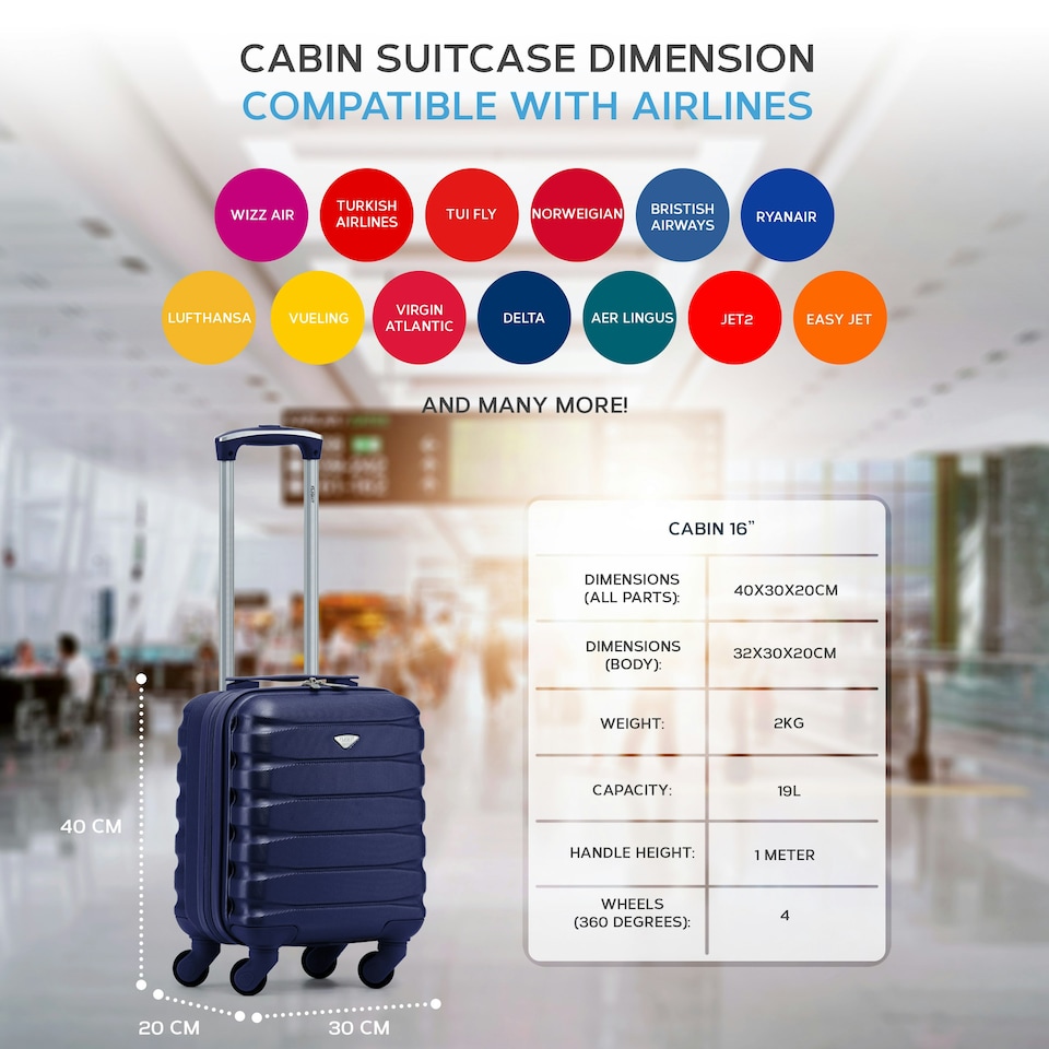 image 1 of 40x30x20cm Wizz Air & Vueling Maximum Size Free Cabin Carry On Lightweight 4 Wheel ABS Hard Case Suitcases Cabin Carry On Hand Luggage Blue | Navy | Cabin Bag