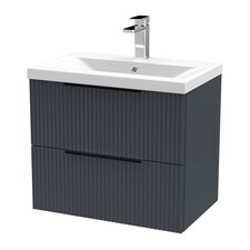 Balterley Fluted Front Wall Hung 2-Drawer Bathroom Vanity Unit with 1 Tap Hole Basin, Handles | Grey | Soft Black