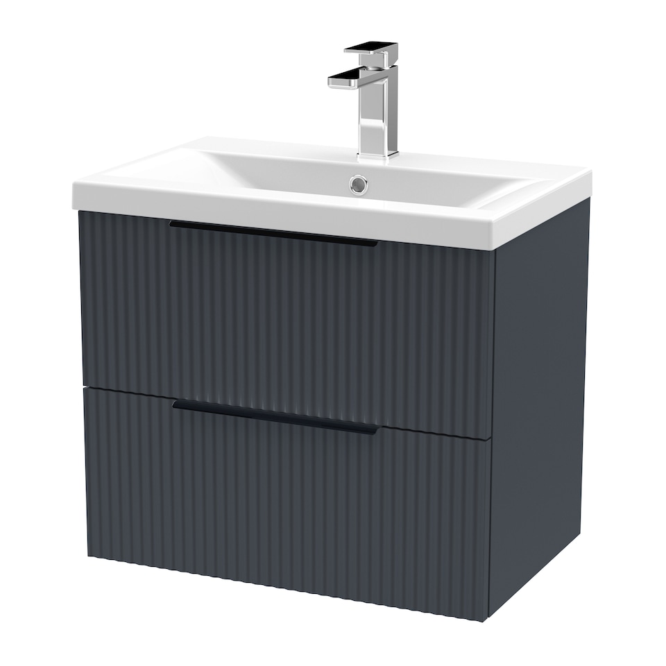image 1 of Balterley Fluted Front Wall Hung 2-Drawer Bathroom Vanity Unit with 1 Tap Hole Basin, Handles | Grey | Soft Black