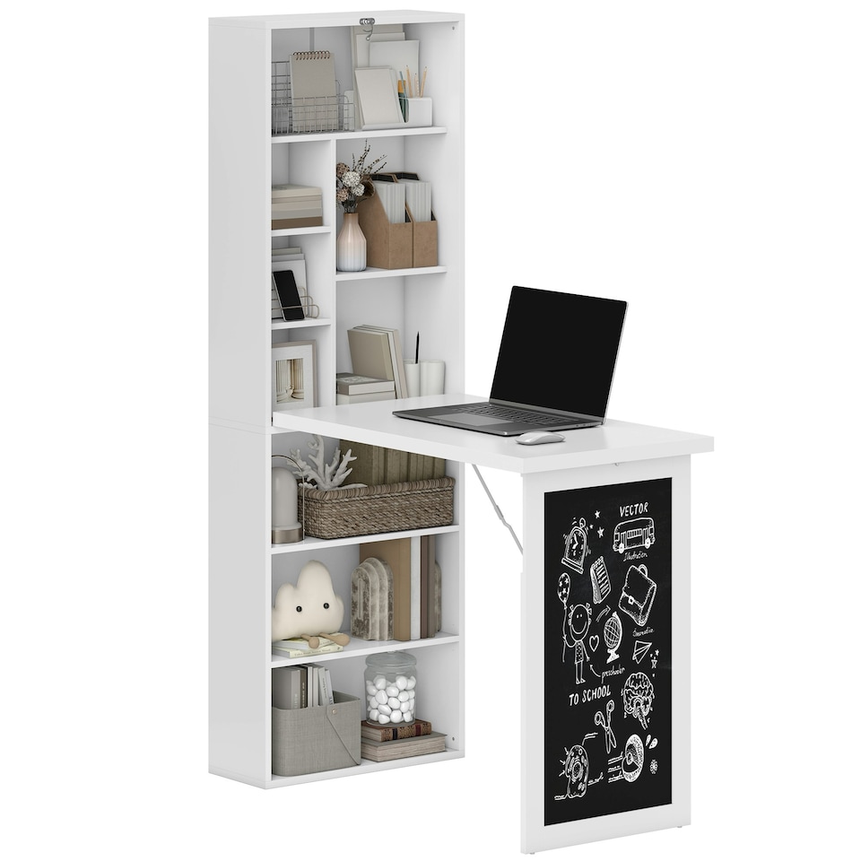 image 1 of HOMCOM Folding Convertible Desk with Blackboard and Bookshelf, White