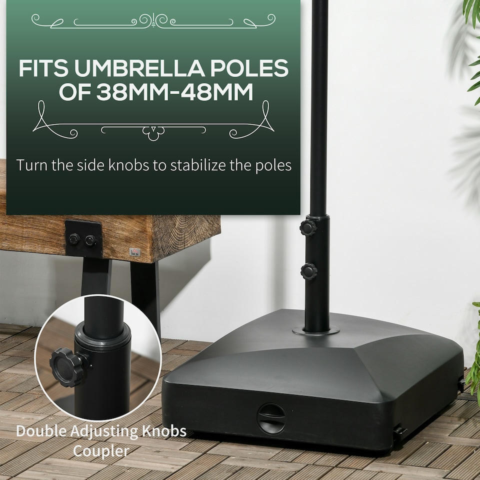 image 1 of Outsunny Garden Parasol Base 43kg Water or 60kg Sand Filled with Wheels | Black | Black