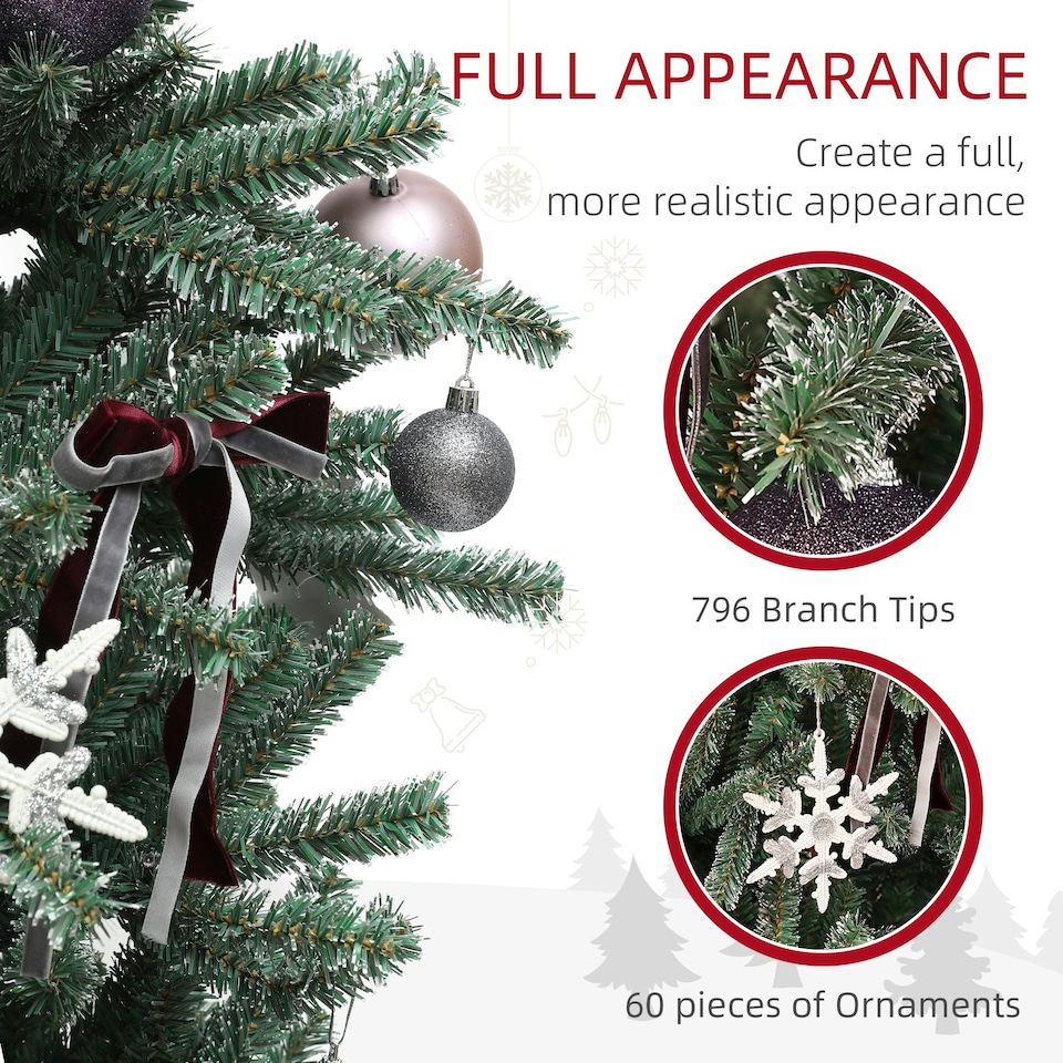 image 1 of HOMCOM 6ft Artificial Prelit Christmas Tree w/ LED Lights, Purple Ornaments
