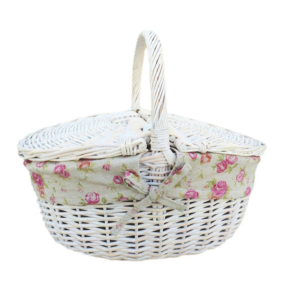 image 1 of White Wash Finish Oval Wicker Basket with Lining Blue | Blue and White Checked | One Size