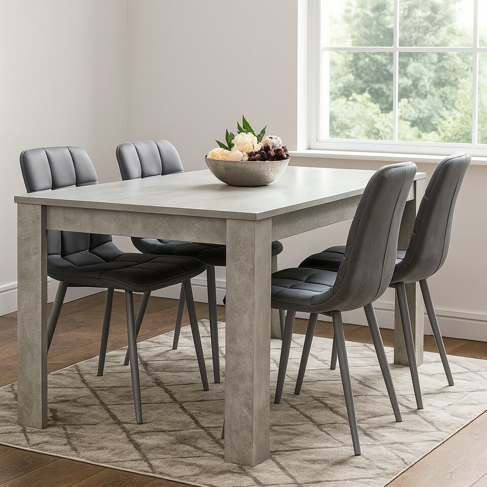 image 1 of Dining Table with 4 Grey Velvet Chairs Stone Grey Effect Wood Table Set for Dining Room Grey