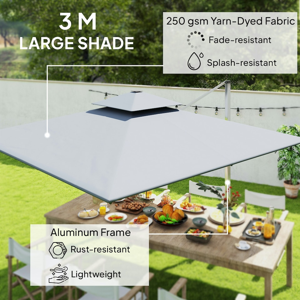 image 1 of Outsunny Garden Cantilever Parasol, Patio Umbrella w/ Solar LED Lights, Grey Grey | Grey