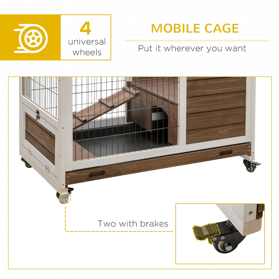 image 1 of PawHut Rabbit Cages, Guinea Pig Hutch w/ Roof & Wheels, No-Leak Tray, Brown