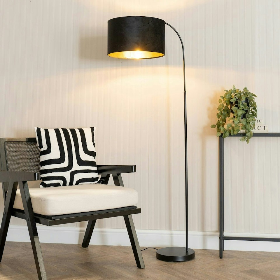 image 1 of ValueLights Curva Black Arched Floor Lamp with Black Velvet and Gold Inner Lamp Shade & Bulb