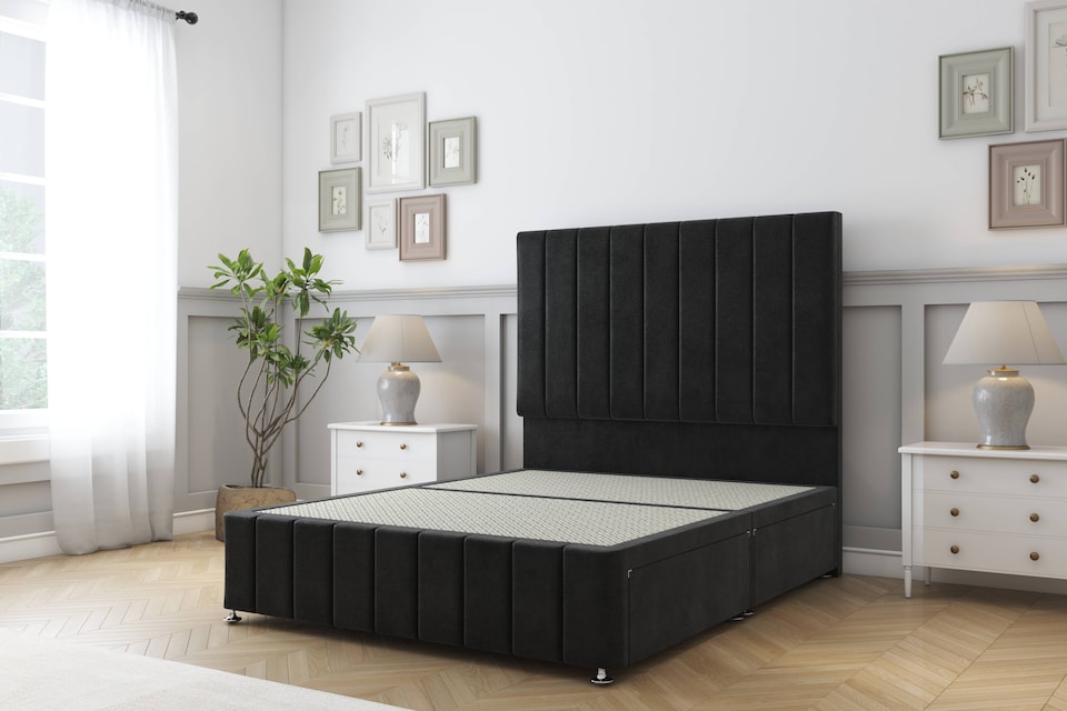 image 1 of Sloomy California Black Plush Divan Bed Base 2 Drawers Right Side With 26 Inch Strutted Headboard & 12 Inch Matching Footboard | Black | Black | Small Double | 1
