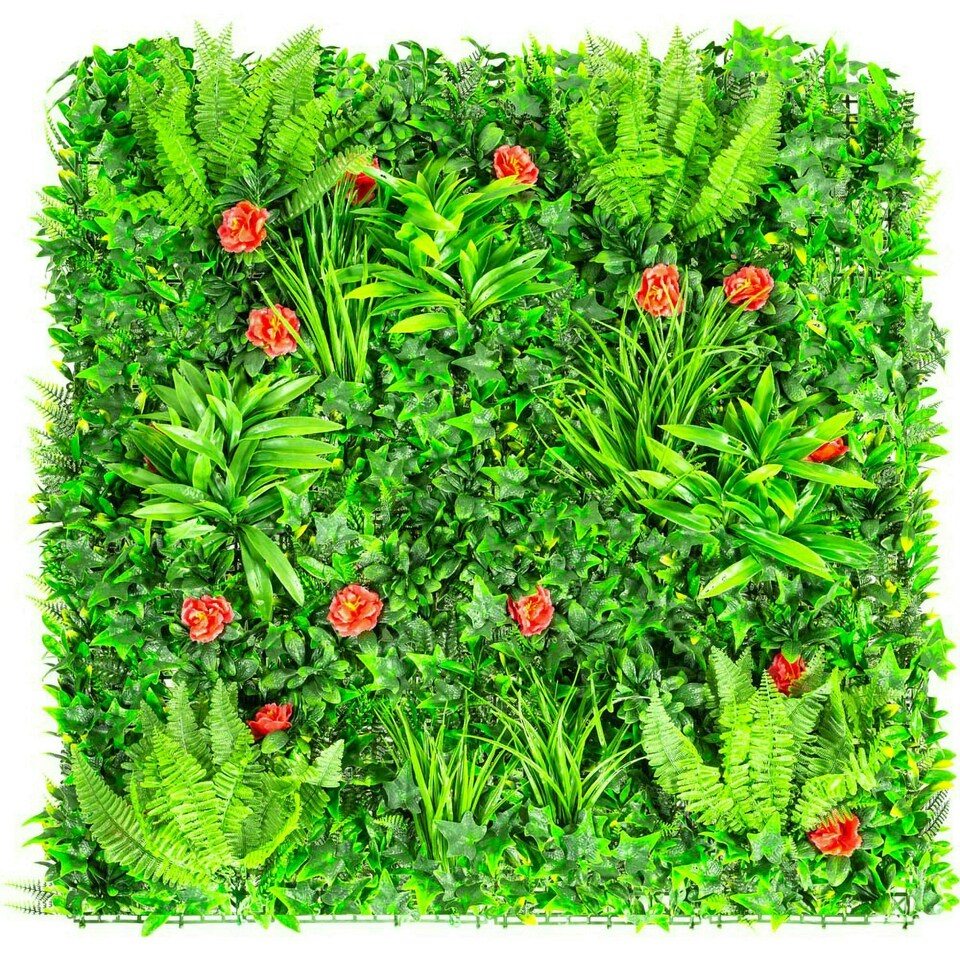 image 1 of Primrose Artificial Mixed Plants Red Rose Wall Hedge Panel 1m x 1m Set of 16