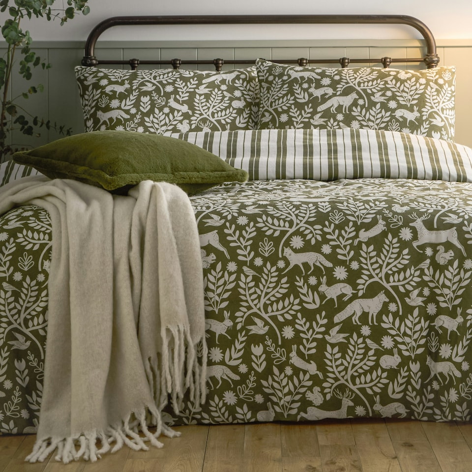 image 1 of Furn Skandi Woodland Brushed Cotton Duvet Cover Set | Green | Super King