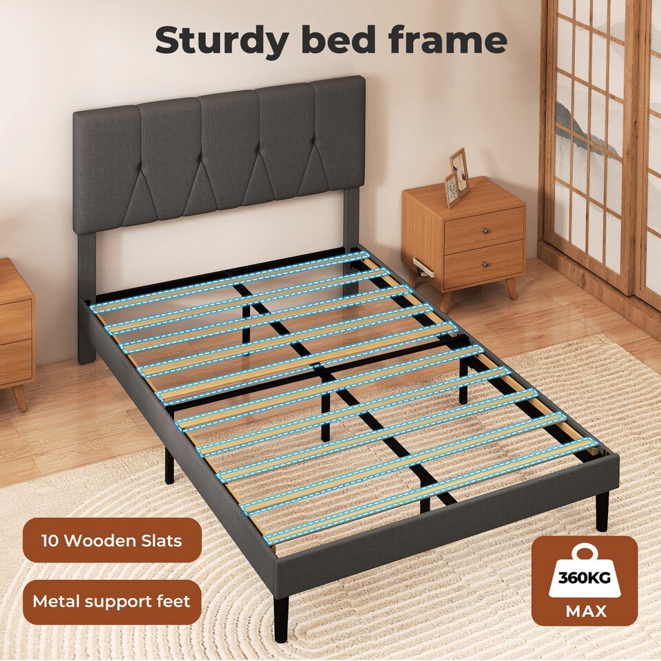 image 1 of Levede Double Bed Frame Upholstered Linen Fabric Wooden Slats with Headboard | Grey | Double | Double