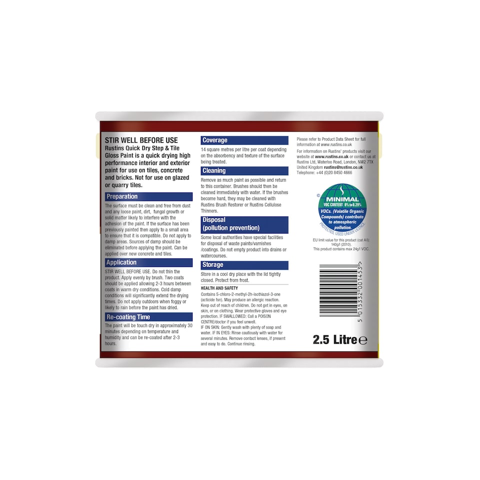 image 1 of Rustins Quick Dry Step & Tile Paint Gloss Red 2.5L - STRDW2500