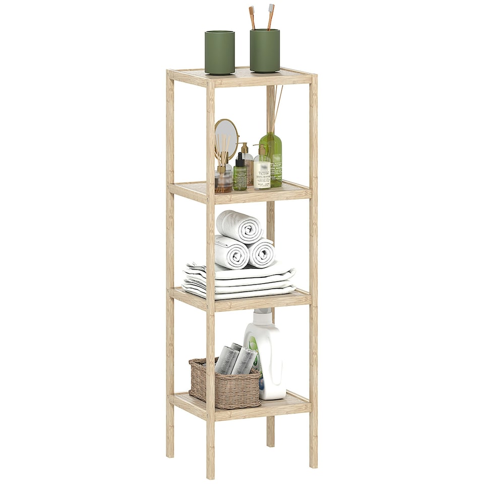 image 1 of 4-Tier Bathroom Storage Shelving Unit, Freestanding Bamboo Shelves, Natural Cream