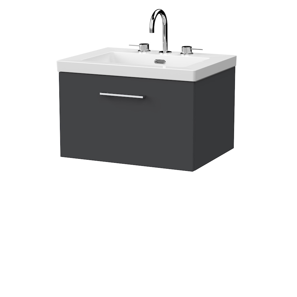 image 1 of Balterley Pershall Contemporary Wall Hung 1 Drawer Vanity Unit with 3 Tap Hole Fireclay Basin, 600mm, Dark Grey