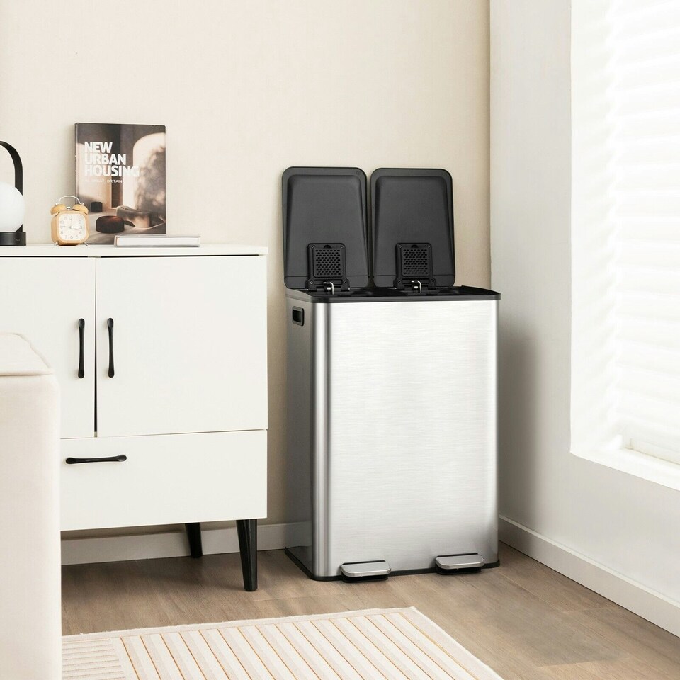 image 1 of COSTWAY 60L Dual Trash Can Bin with 2 Compartments Sliver Silver