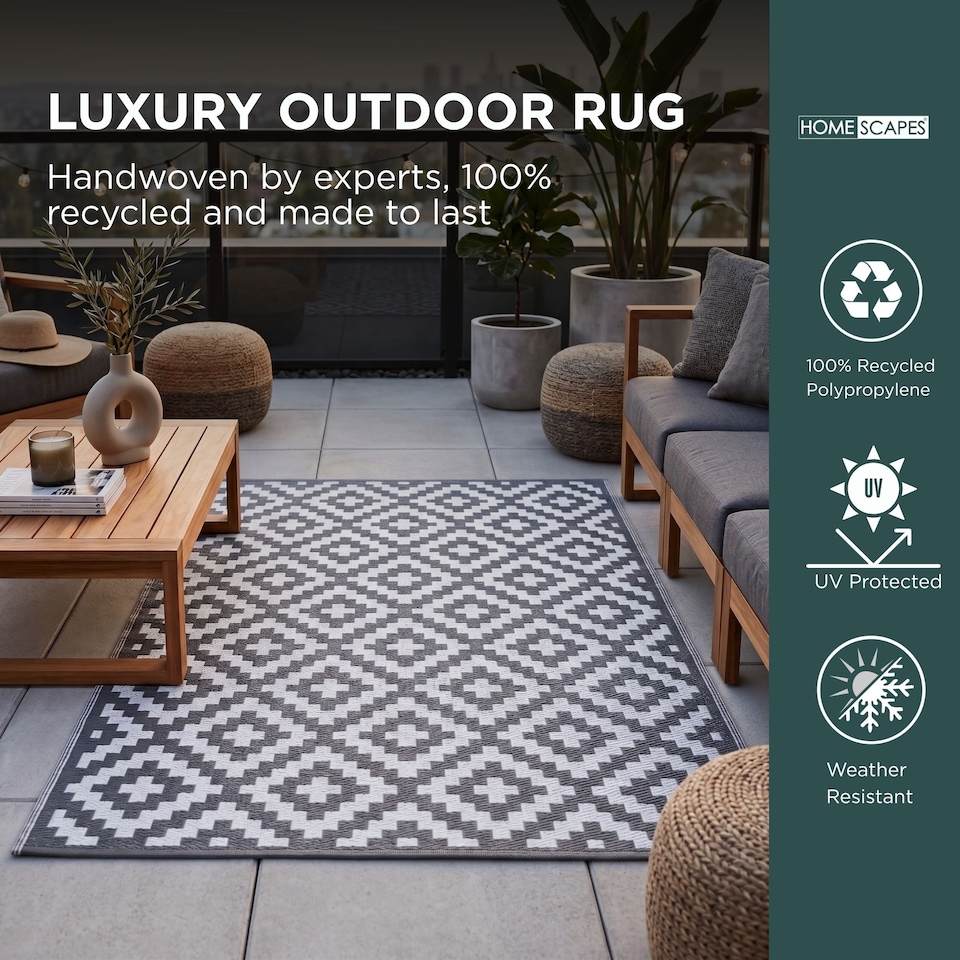 image 1 of Homescapes Outdoor Rug Luxury Waterproof Reversible Recycled, For Garden & Patio, Zoe Geometric Design | Grey | Grey and White