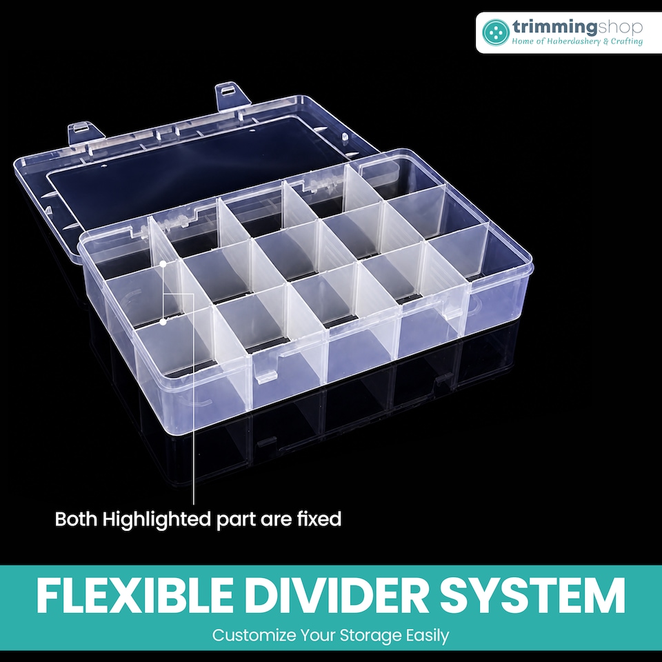 image 1 of 15 Compartment Storage Box, Clear Plastic Organiser with Dividers