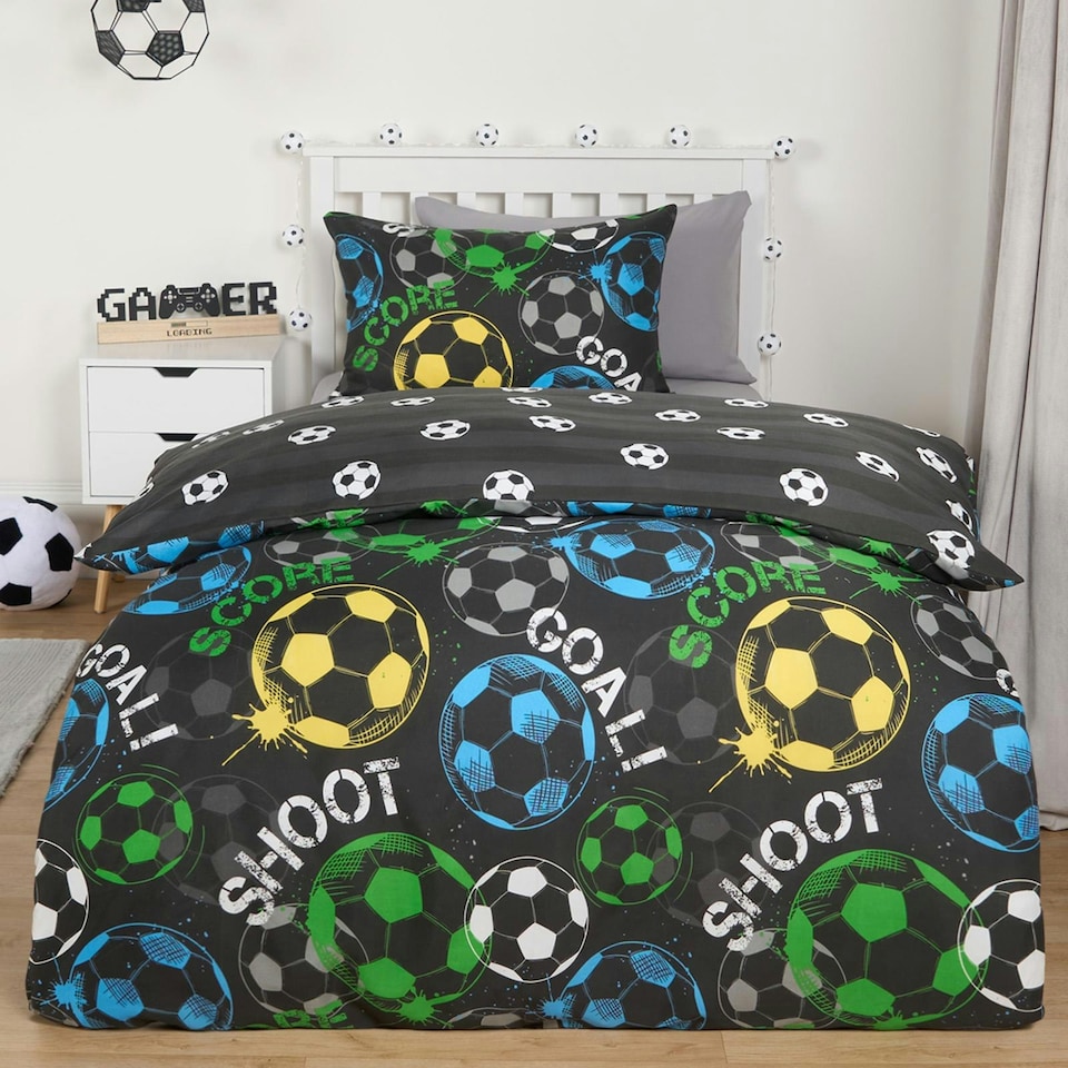 image 1 of OHS Kids Graphic Football Reversible Duvet Cover and Pillowcase Bedding Set, Single - Black