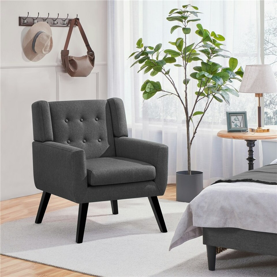 image 1 of Yaheetech Linen Fabric Accent Chair with Wood Legs Removable Cushion Grey | Dark Gray