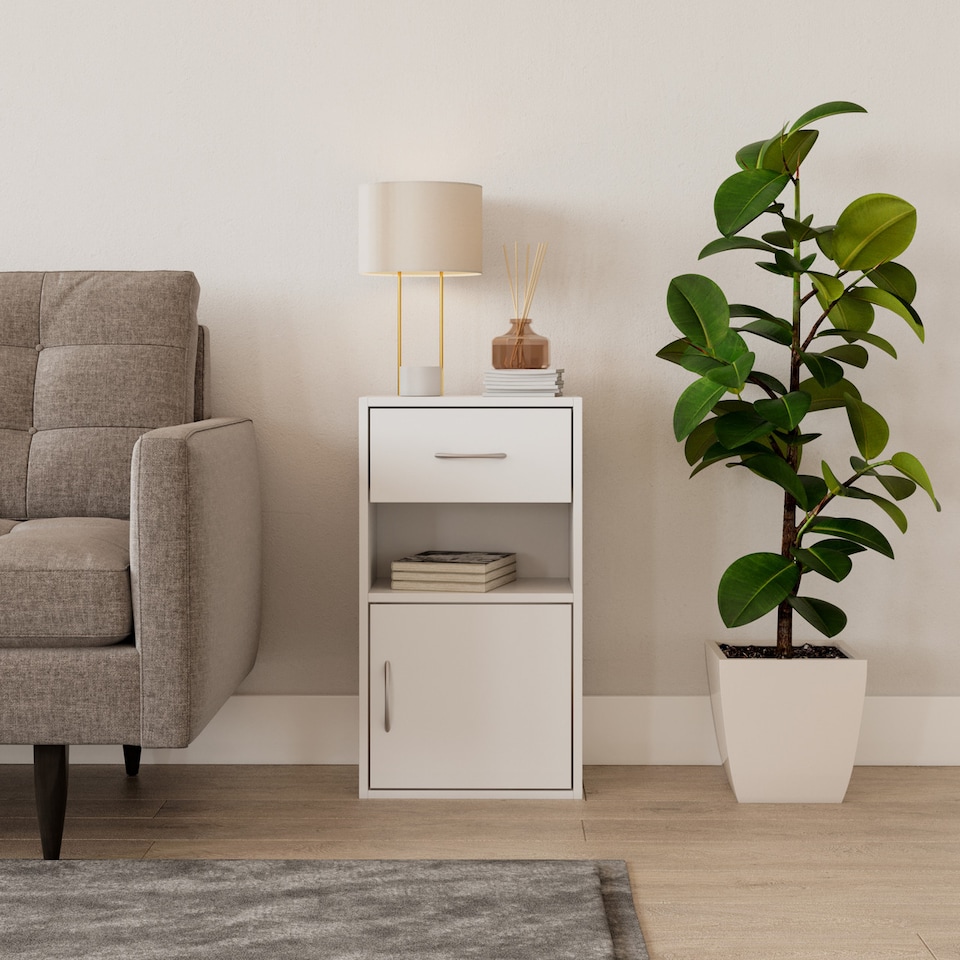 image 1 of 1-Drawer 1-Door Wooden Bedside Table | White | Unit Colour: White | 1