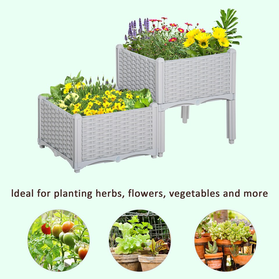 image 1 of Outsunny 2-pieces Elevated Flower Bed Vegetable Herb Planter Plastic, Grey
