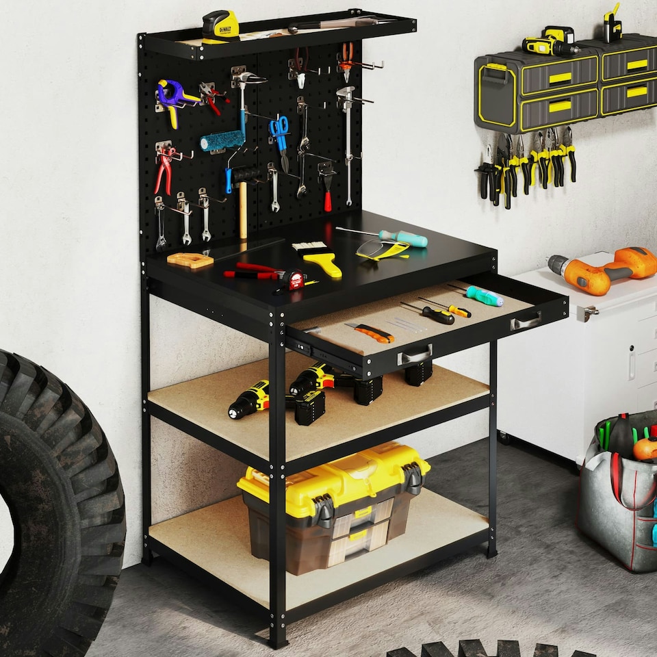 image 1 of COSTWAY Workbench 290KG Work Table w/2 PCS Pegboard-Black