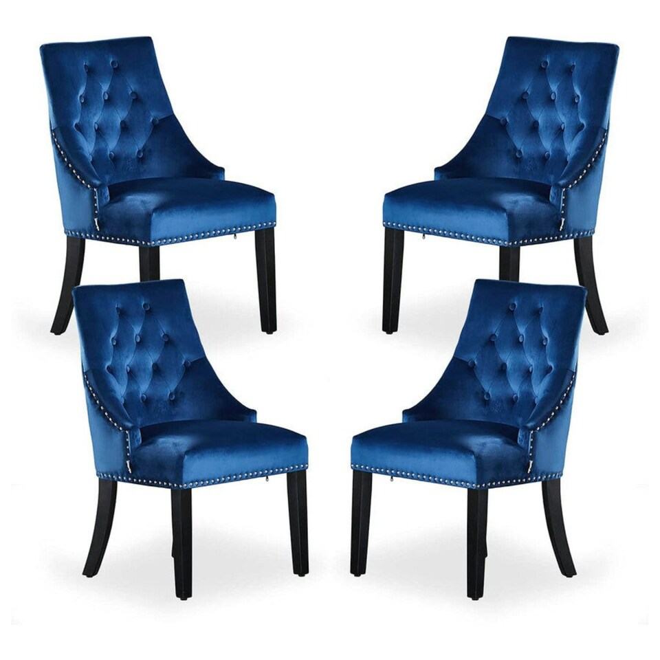 image 1 of Set of 4 Velvet Dining Chairs Ergonomic Scoop Knockerback & Button Tufted Wood Legs Blue
