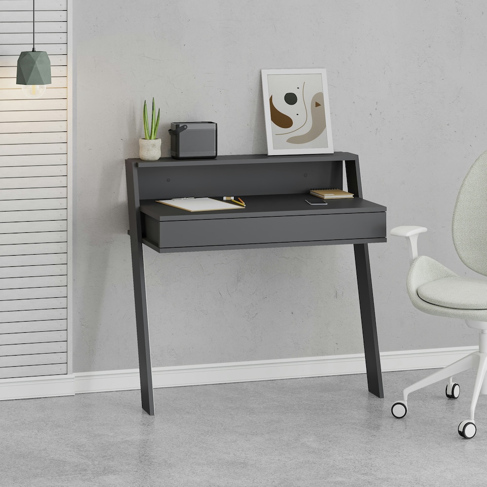 image 1 of Cowork Modern Desk Anthracite Grey Wall Mounted With Drawer 94cm Wide Grey