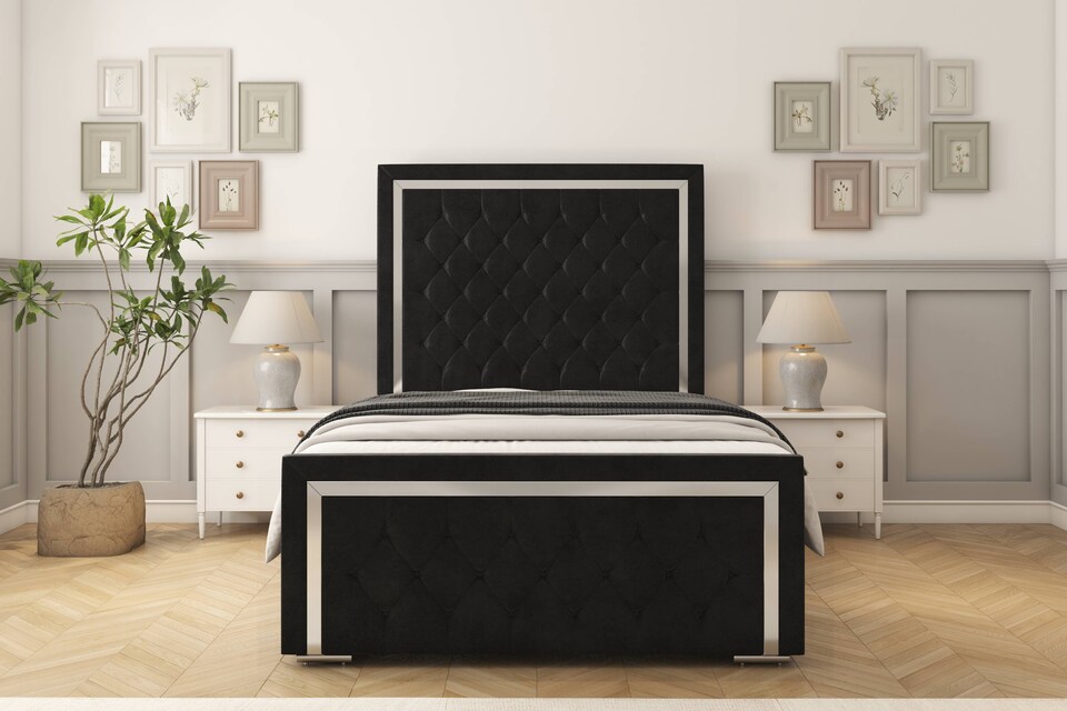 image 1 of Sloomy Sofia Chrome Black Plush Bed Frame With 50" Upholstered Headboard 4' Small Double