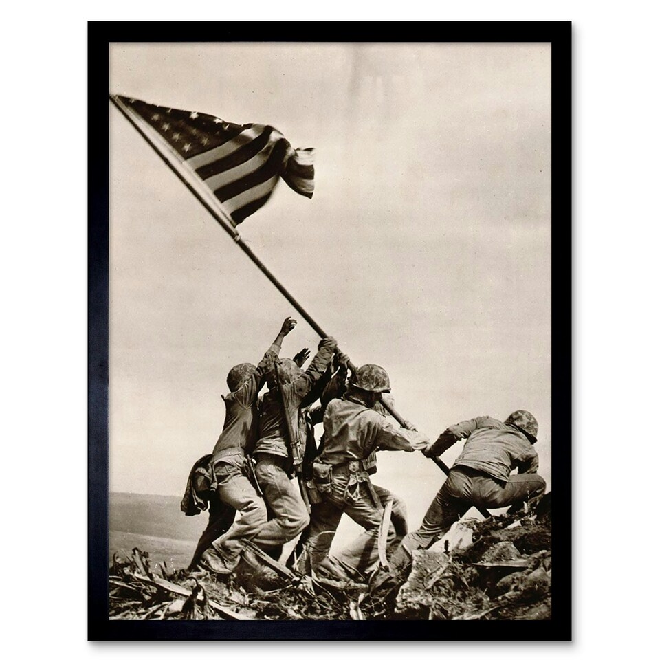 image 1 of War WWII Iwo Jima Stars Stripes Flag 12x16" Framed Wall Art Print