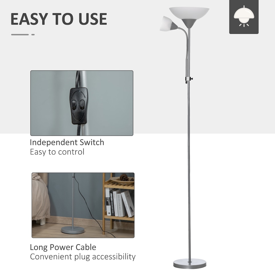 image 1 of HOMCOM LED Floor Lamp for Living Room, 180cm Tall Standing Lamp, Mother and Child Uplighter with Adjustable Gooseneck, Silver Tone