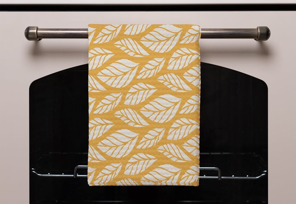 image 1 of White Leaf Pattern on Orange (Kitchen Towel)