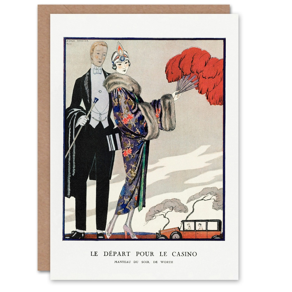 image 1 of George Barbier Art Card Leaving for the Casino Vintage Fashion