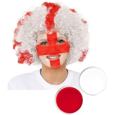 Pack of 6 England Curly Wig & Red and White Face Paint Red | One Size