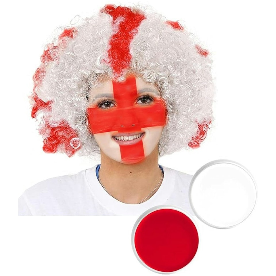 image 1 of Pack of 6 England Curly Wig & Red and White Face Paint Red | One Size
