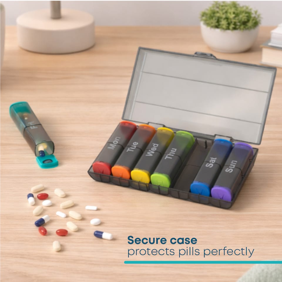 image 1 of Fineway Weekly Pill Organiser Morning/Evening with Storage Box - 7 Day Colour-Coded - Transparent