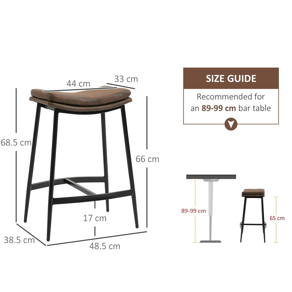 image 1 of HOMCOM Breakfast Bar Stools Set of 2 Upholstered Barstools w/ Curved Seat Brown