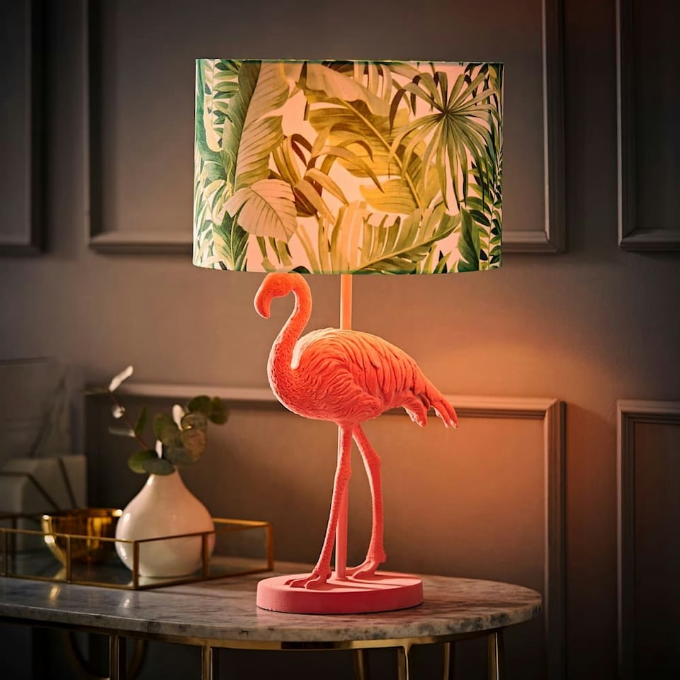image 1 of ValueLights Flo Flamingo Velvet Pink Table Lamp with Floral Drum Lamp Shade