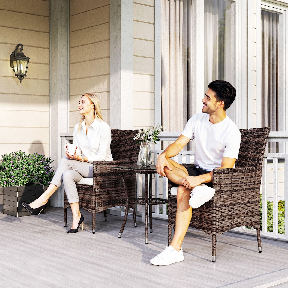 image 1 of Outsunny 3 Pieces Rattan Bistro Set, Wicker Garden Furniture Set with 2 Tier Coffee Table and Chairs, Cushions, for Outdoor Patio Balcony, Brown