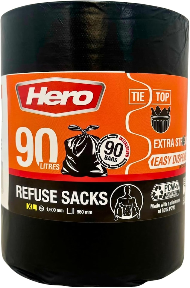 Hero Extra Strong Black Bin Bags 90 Litre Pack of 90 Heavy Duty Refuse Sacks with Tie Top Handles  Brand