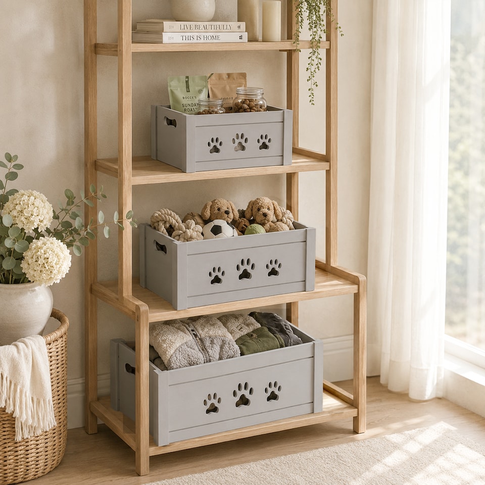 image 1 of Paw Shaped Cutout Dog Toys Chest Gift Hampers Storage Collection Box Wooden Crates Gift Hampers (Grey, Small)