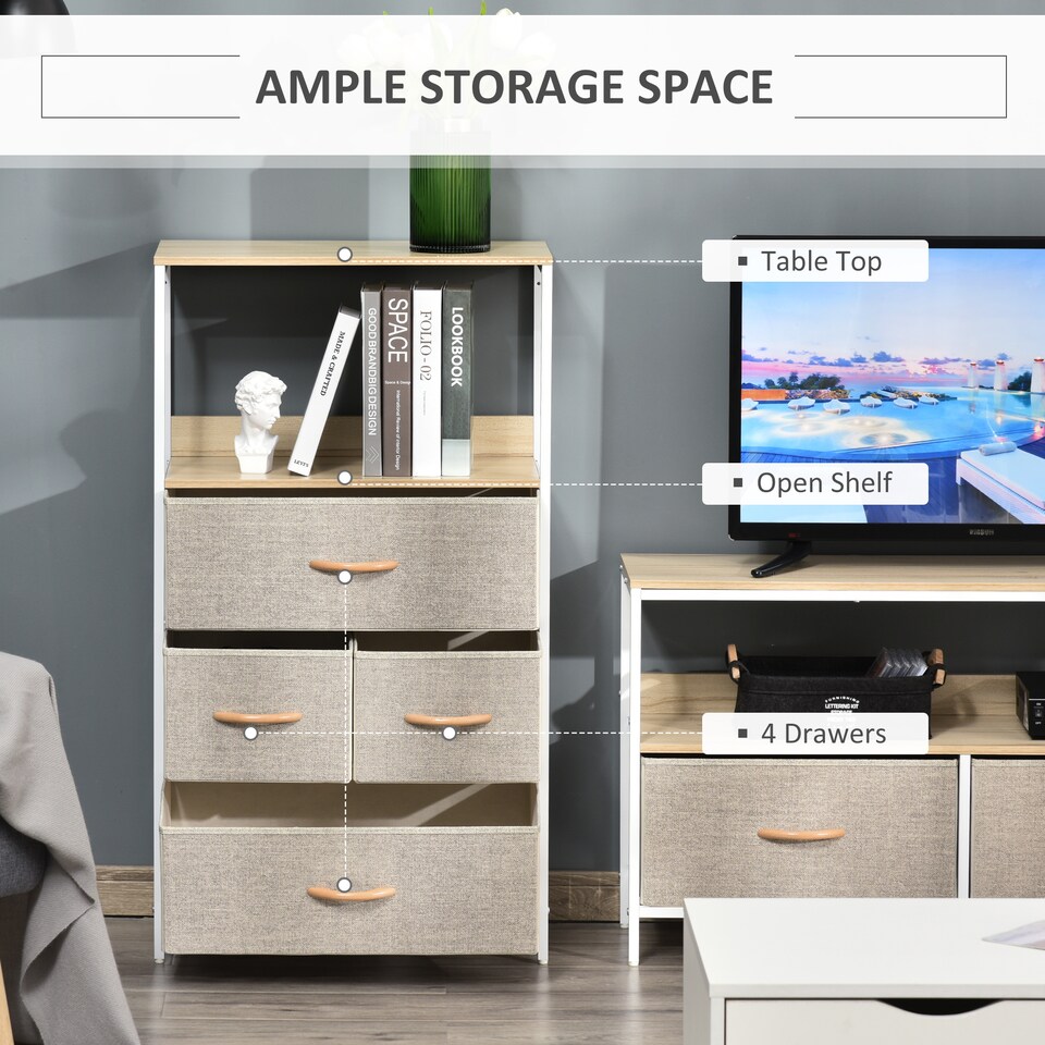 image 1 of HOMCOM 4 Drawer Storage Chest Unit Home Cabinet w  Shelves Home Living Room Bedroom Entryway Living Furniture, Light Grey