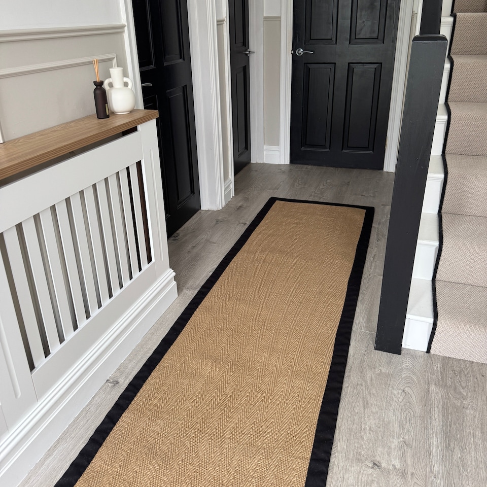 image 1 of KUKOON Natural Golden Beige Jute Micro Woven Herringbone Pattern Cotton Border Area Rug 70cm x 240cm