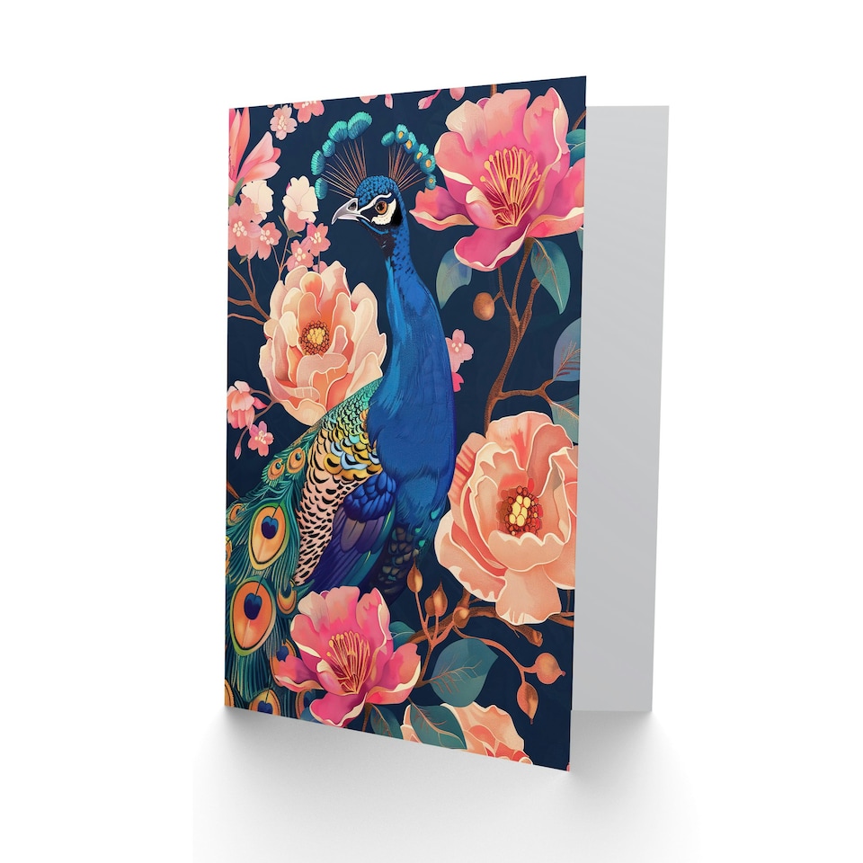 image 1 of Bird Pink Flower Pattern Design Peacock Him Her Birthday Card