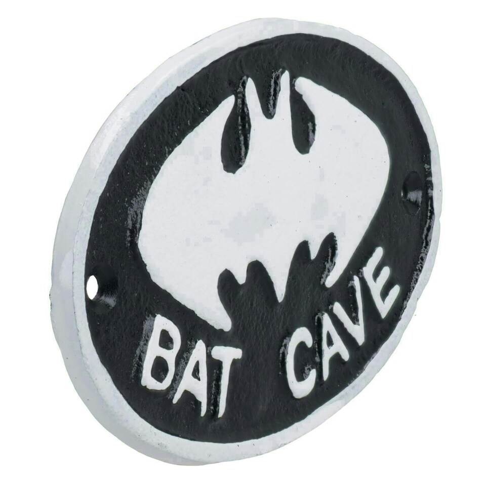 image 1 of Bat Cave Cast Iron Sign Plaque Door Wall House Gate Post Bedroom Man Cave
