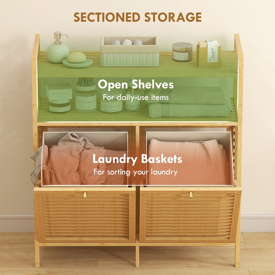 image 1 of HOMCOM Double Tilt Out Laundry Cabinet Bamboo Laundry Hamper Cabinet | Brown | Natural, Cream White | 82W x 33D x 88H cm