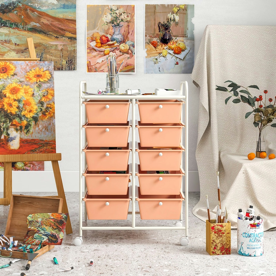 image 1 of COSTWAY 10 Drawers Storage Rolling Cart w/Universal Wheel Peach
